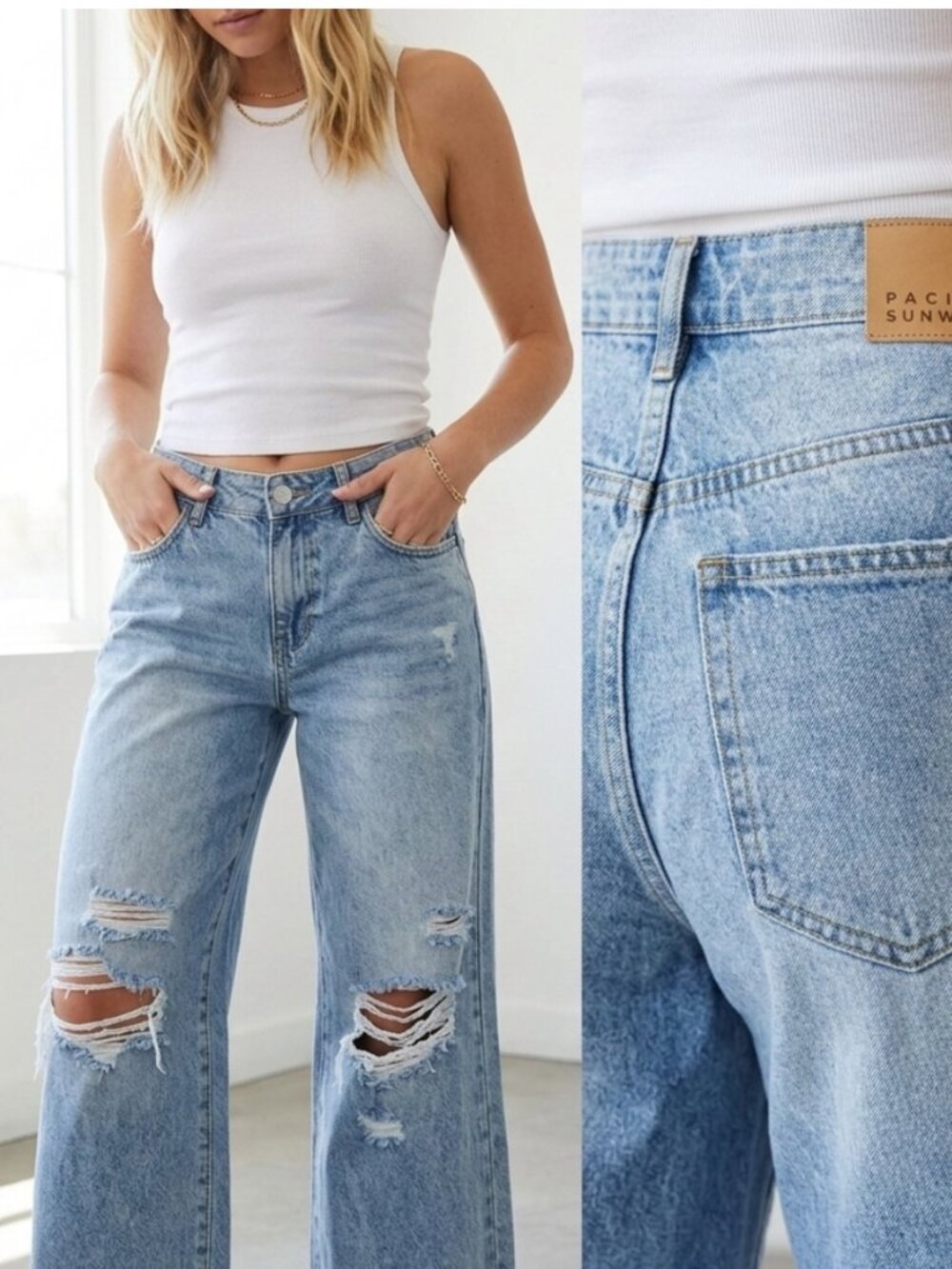 PacSun 💚 Casey Low Rise Baggy Distressed Jeans Light Wash Wide Leg 26